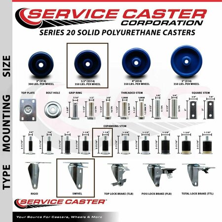 Service Caster 3.5'' Solid Poly Wheel Swivel 1-1/4'' Expanding Stem Caster Set, 4PK SCC-EX20S3514-SPUS-114-4